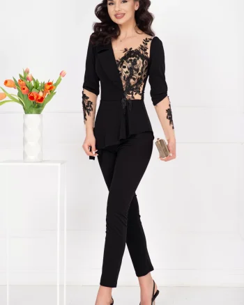 Salopeta eleganta neagra cu peplum in talie si aplicatii brodate