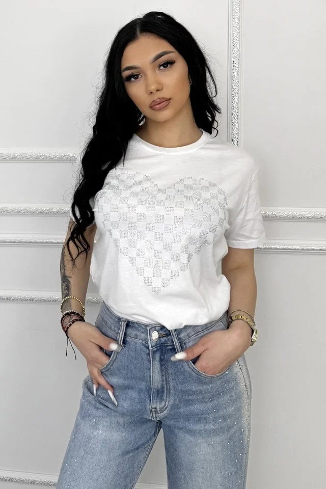 Tricou de dama din bumbac, Lumiheart cu pietre si imprimeu, Alb