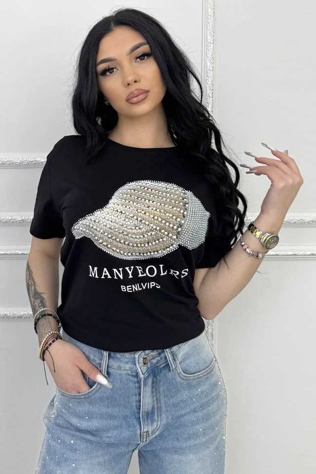 Tricou de dama din bumbac, Lumiberet cu pietre si imprimeu, Negru