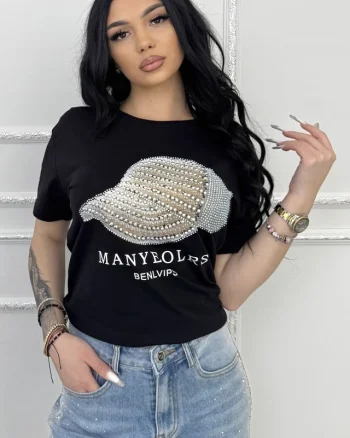 Tricou de dama din bumbac, Lumiberet cu pietre si imprimeu, Negru