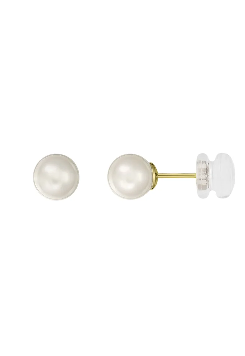 Cercei Aur 585-14K - perle naturale albe 6 mm, Dopuri aur silicon