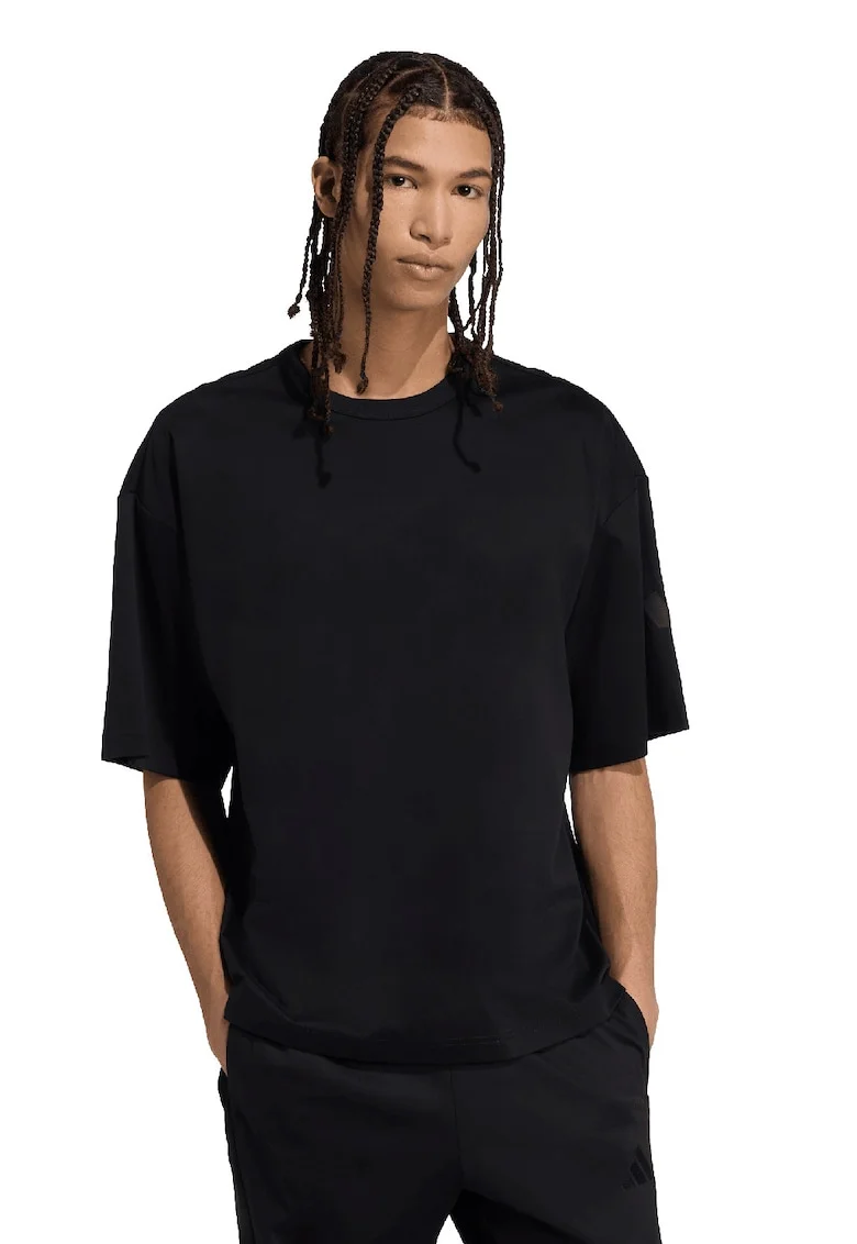 Tricou cu decolteu rotund si logo, Negru