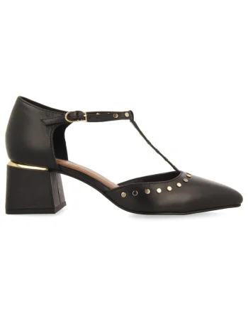 Pantofi din piele cu toc si detalii cu tinte, Negru