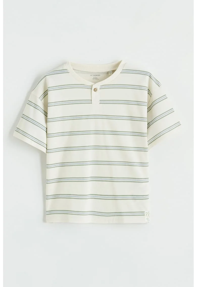 Tricou din bumbac cu model henley si dungi, Verde sparanghel/Bej deschis