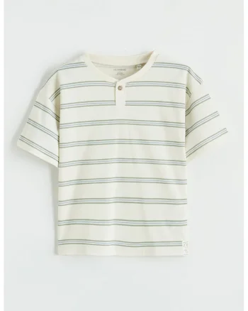 Tricou din bumbac cu model henley si dungi, Verde sparanghel/Bej deschis