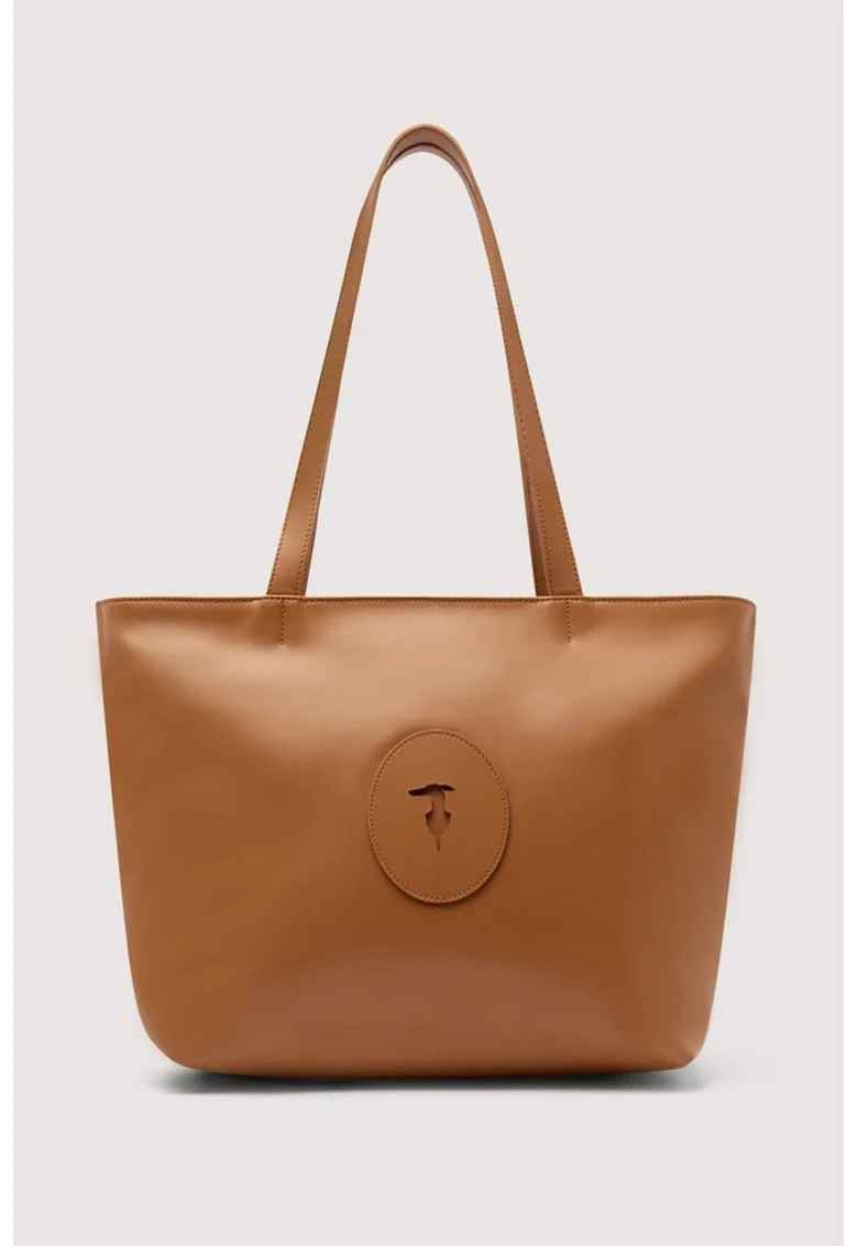 Geanta tote din piele cu aplicatie logo Society, Maro scortisoara