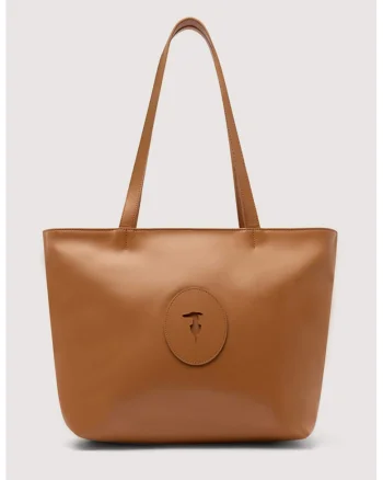 Geanta tote din piele cu aplicatie logo Society, Maro scortisoara