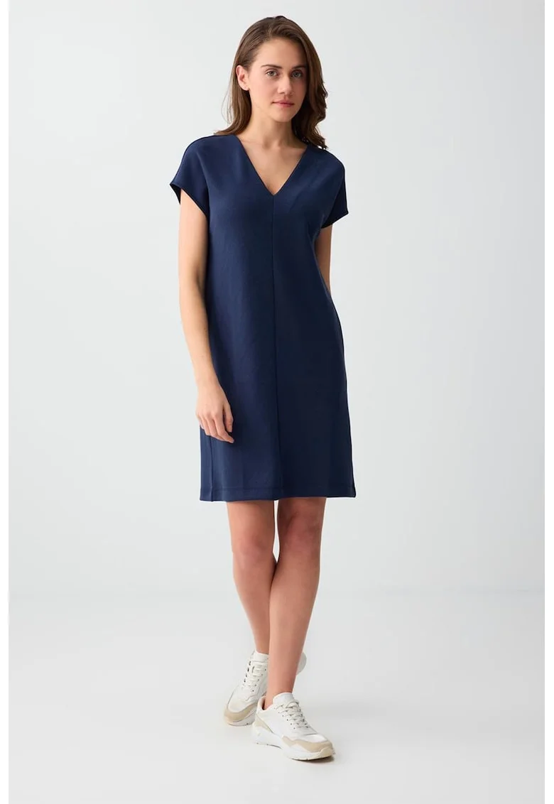 Rochie mini lejera din amestec de modal cu decolteu in V, Bleumarin