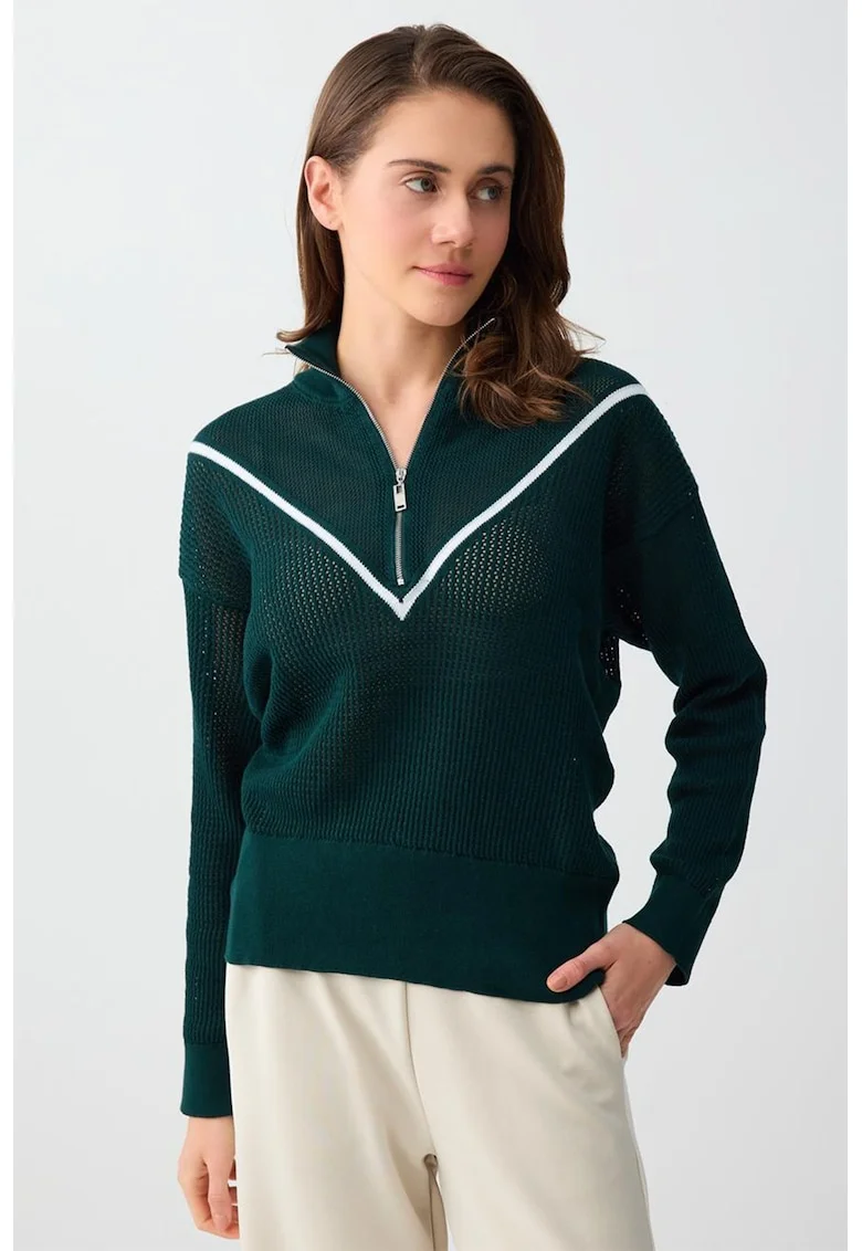 Pulover relaxed fit din tricot cu fenta cu fermoar, Verde padure