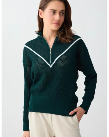 Pulover relaxed fit din tricot cu fenta cu fermoar, Verde padure