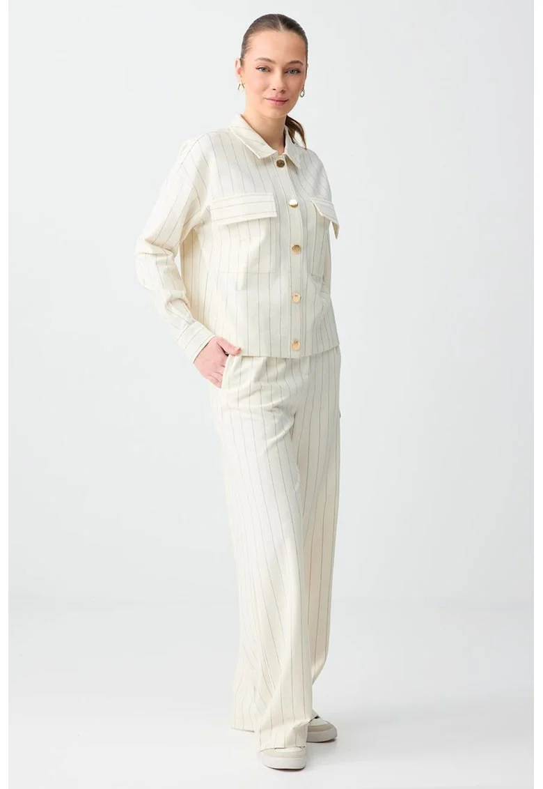 Pantaloni cu talie inalta si model cu dungi discrete, Gri/Alb murdar