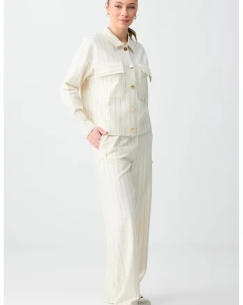 Pantaloni cu talie inalta si model cu dungi discrete, Gri/Alb murdar