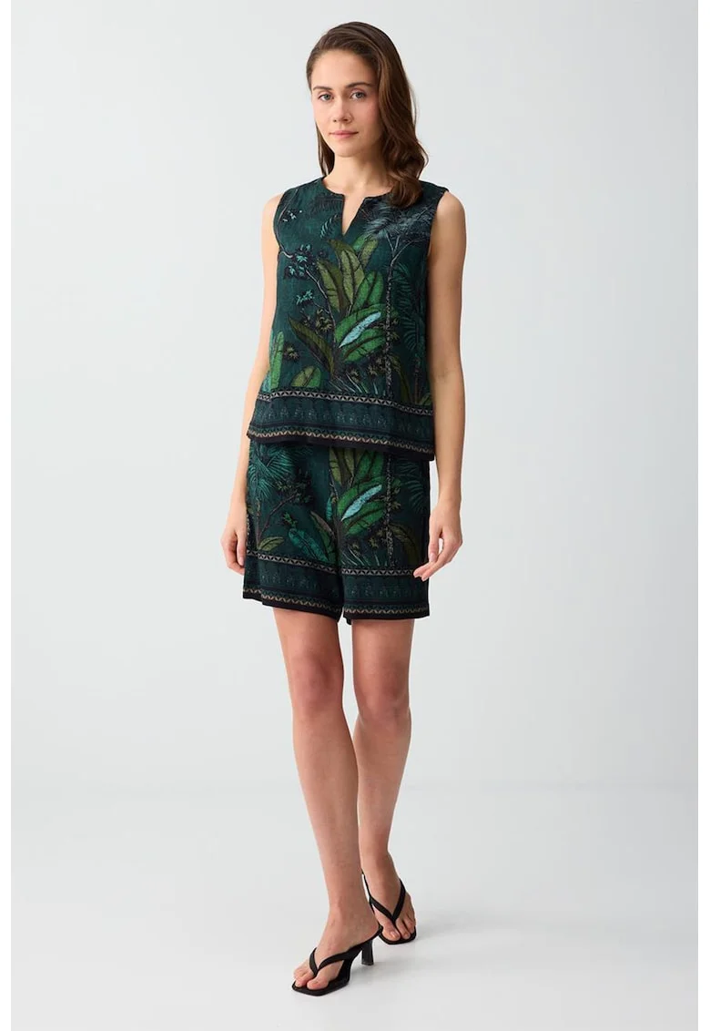 Pantaloni scurti din amestec de in cu model tropical, Verde inchis