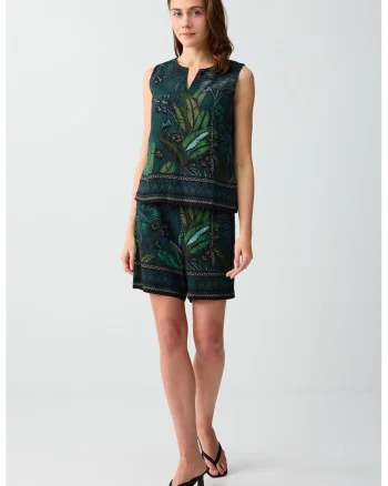 Pantaloni scurti din amestec de in cu model tropical, Verde inchis