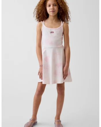 Rochie evazata din bumbac cu model tie-dye, Roz pal,
