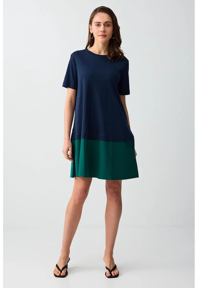 Rochie de bumbac cu model colorblock, Verde englez/Bleumarin