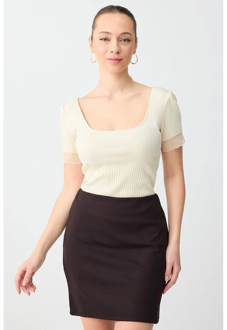 Tricou din amestec de modal cu dantela, Alb fildes