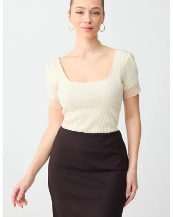 Tricou din amestec de modal cu dantela, Alb fildes
