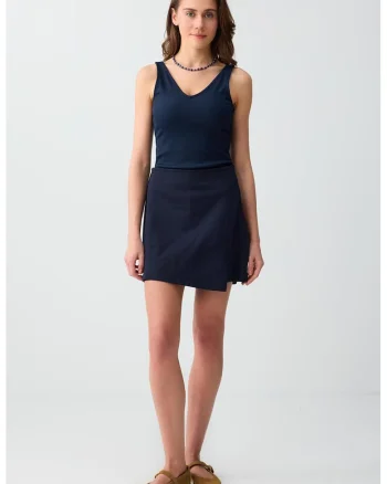 Fusta-pantalon cu talie inalta si model uni, Bleumarin