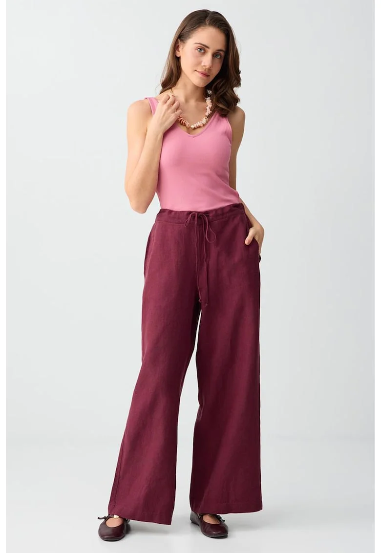 Pantaloni cu croiala conica din in cu buzunare laterale, Visiniu
