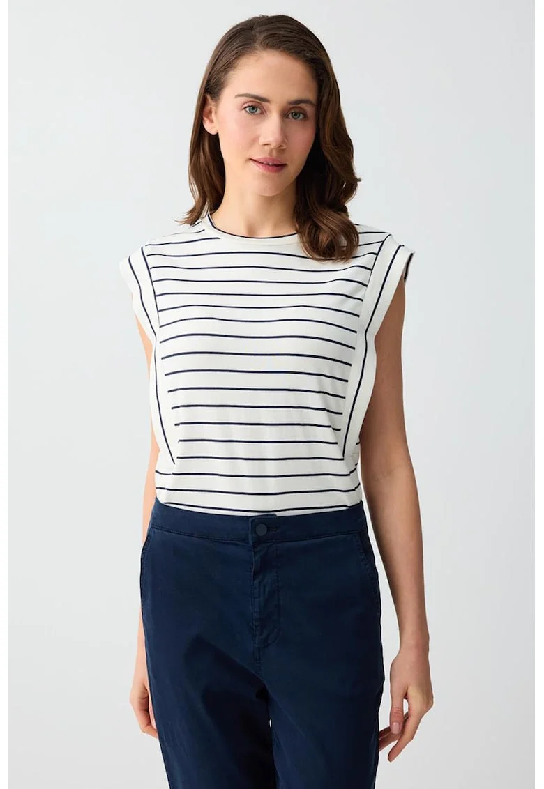 Tricou cu decolteu la baza gatului si model in dungi, Alb/Bleumarin