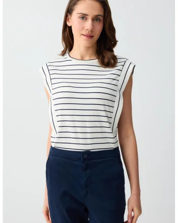 Tricou cu decolteu la baza gatului si model in dungi, Alb/Bleumarin