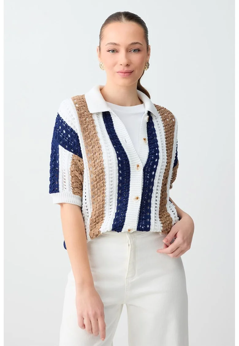 Cardigan cu perforatii, Alb/Bej/Bleumarin