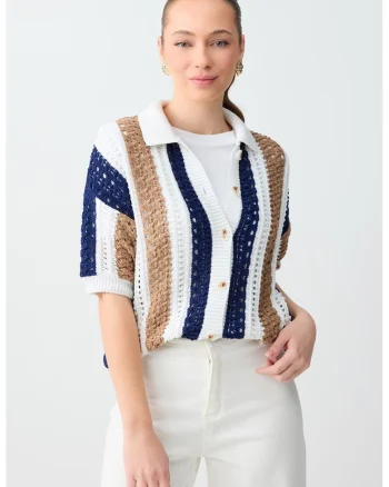 Cardigan cu perforatii, Alb/Bej/Bleumarin