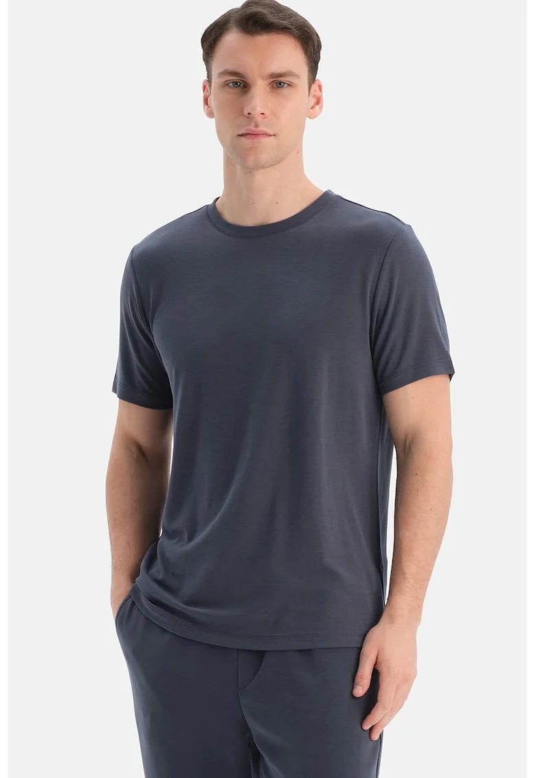 Tricou din amestec de lyocell cu decolteu la baza gatului, Albastru ultramarin