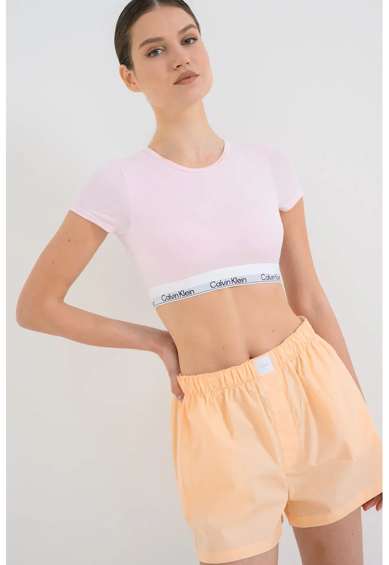 Tricou crop din amestec de bumbac cu banda logo, Alb/Roz pastel