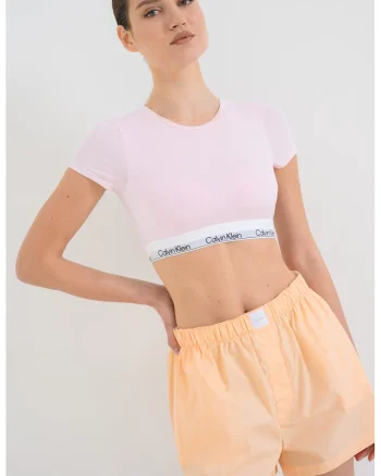 Tricou crop din amestec de bumbac cu banda logo, Alb/Roz pastel
