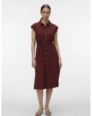 Rochie-camasa midi din amestec de in, Rosu inchis