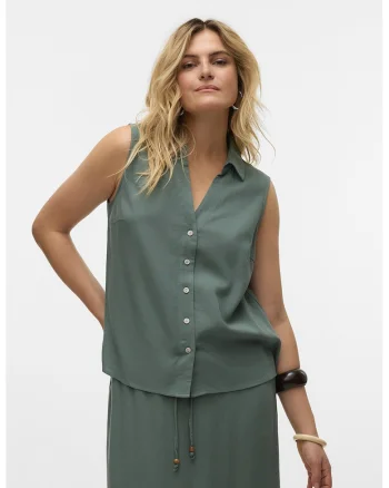 Camasa din amestec de in, fara maneci, Verde
