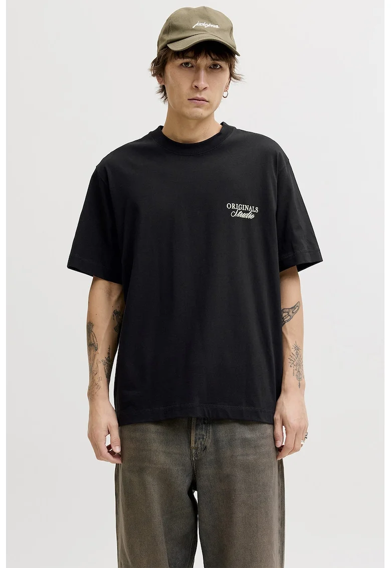 Tricou lejer de bumbac cu imprimeu logo, Negru stins