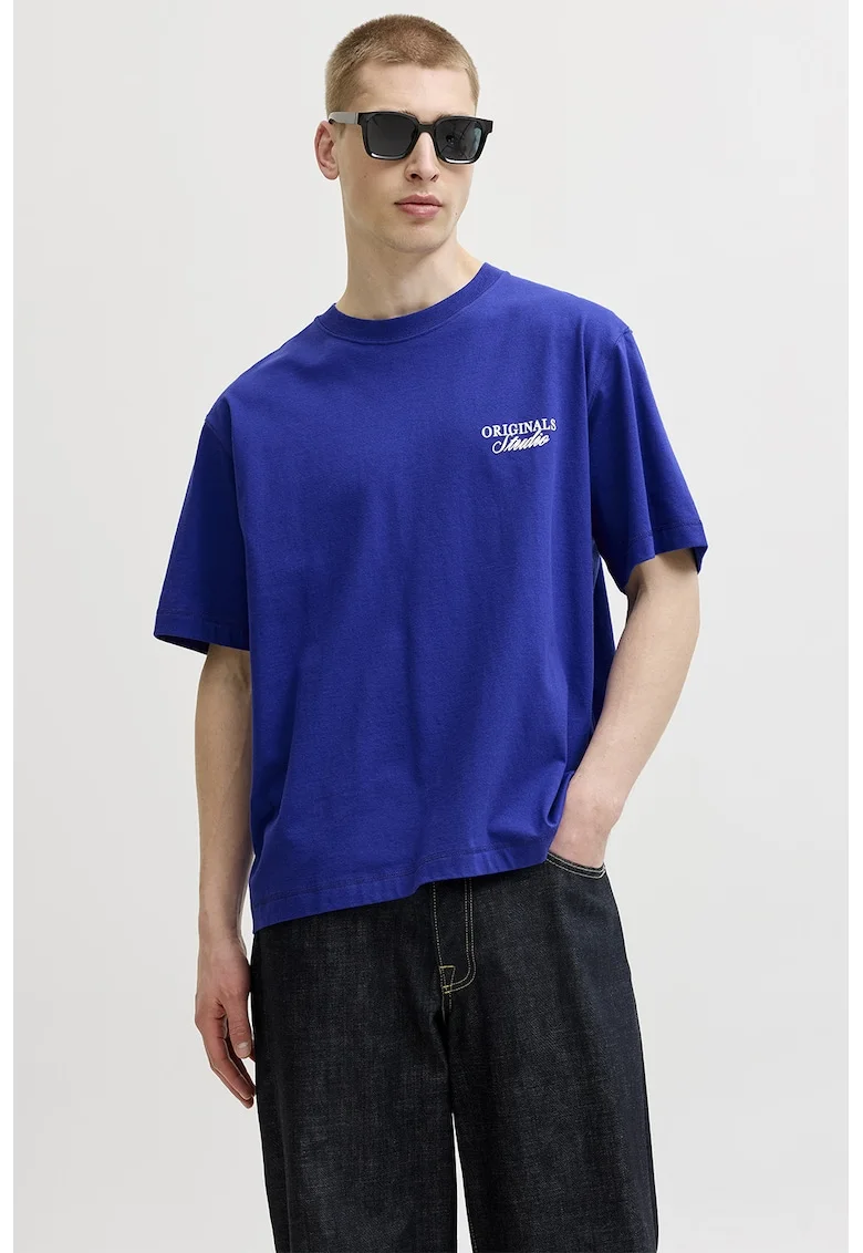 Tricou lejer de bumbac cu imprimeu logo, Albastru