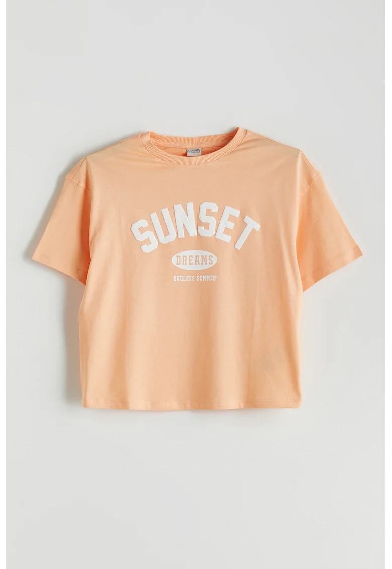 Tricou cu decolteu la baza gatului si text, Portocaliu