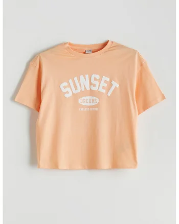 Tricou cu decolteu la baza gatului si text, Portocaliu