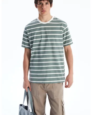 Tricou cu decolteu la baza gatului si model in dungi, Alb/Verde englez