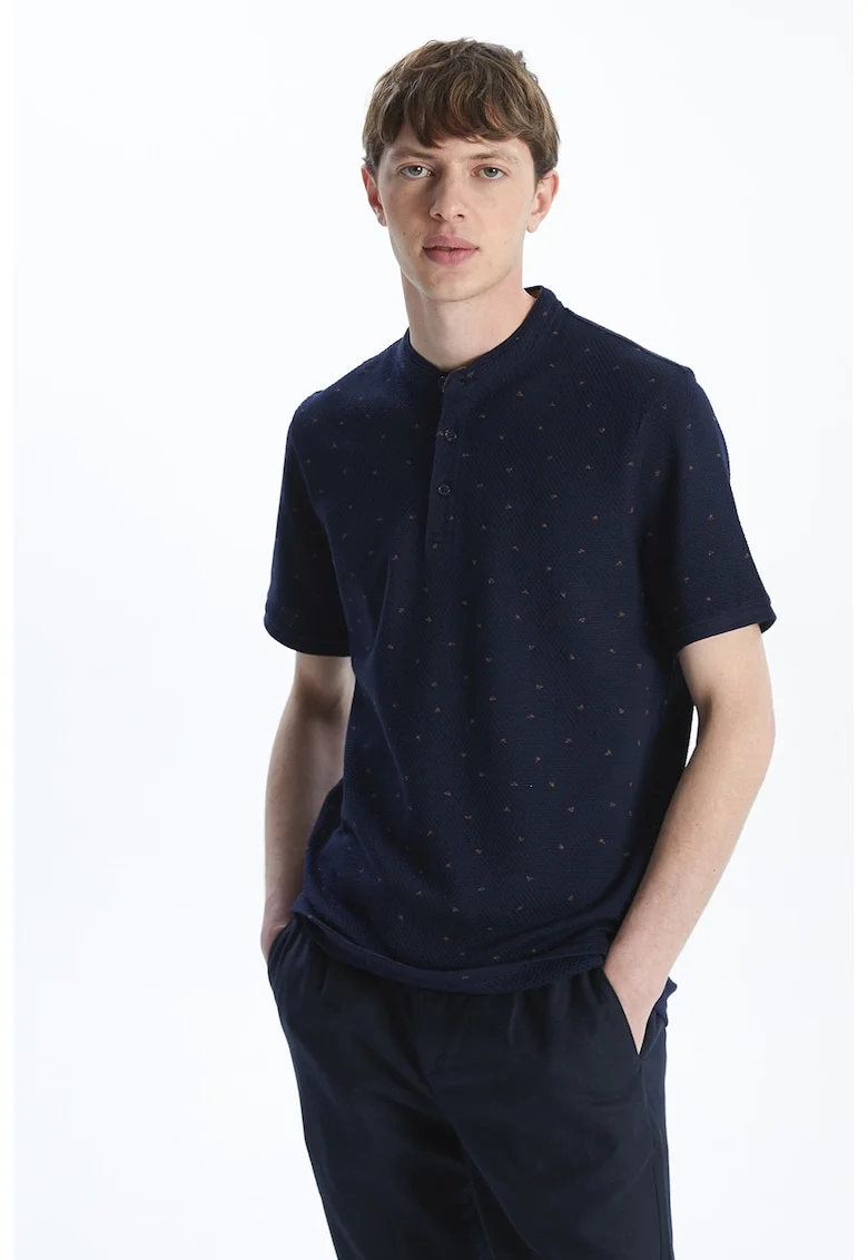 Tricou de bumbac cu nasturi, Maro/Bleumarin
