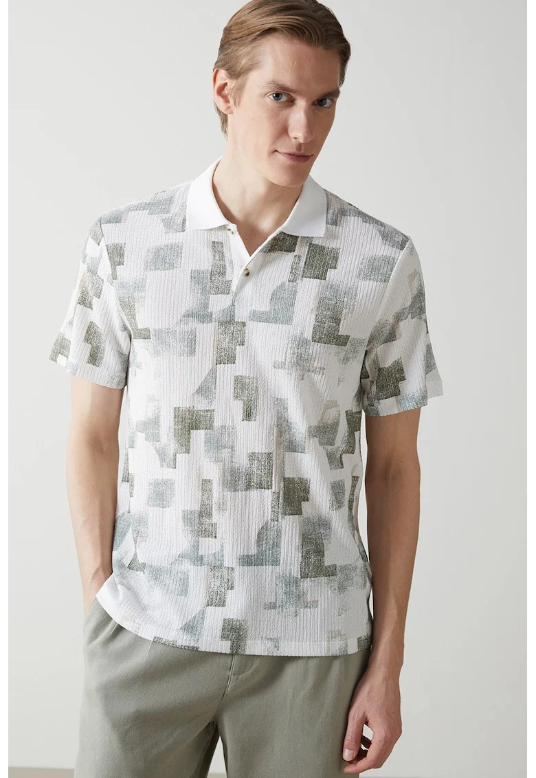 Tricou polo cu model abstract, Alb/Verde
