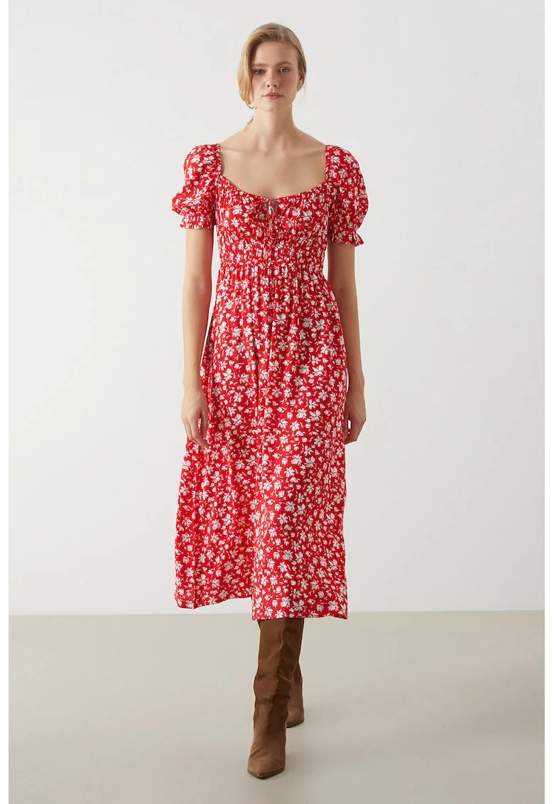 Rochie cu maneci scurte si imprimeu floral, Rosu/Alb