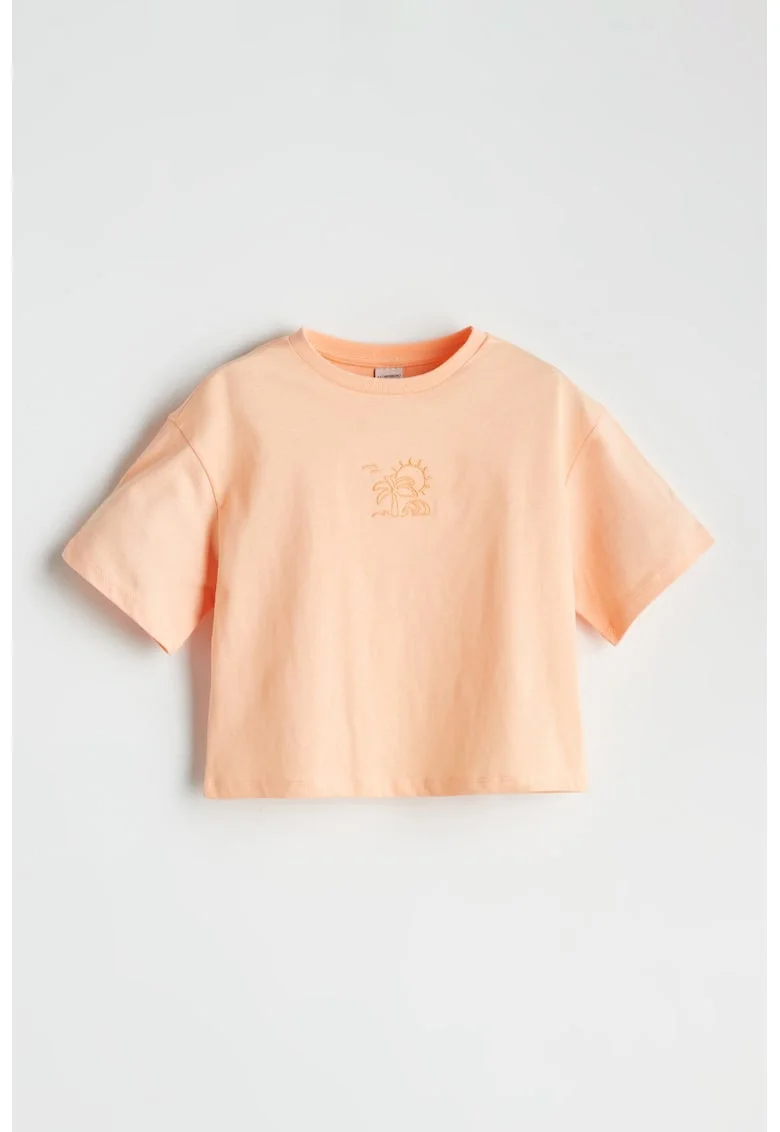 Tricou cu decolteu la baza gatului si imprimeu grafic discret, Portocaliu pal