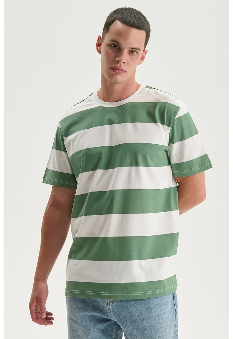 Tricou de bumbac cu dungi, Alb/Verde