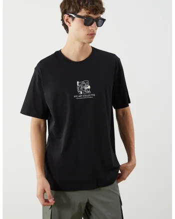 Tricou de bumbac cu imprimeu grafic, Negru