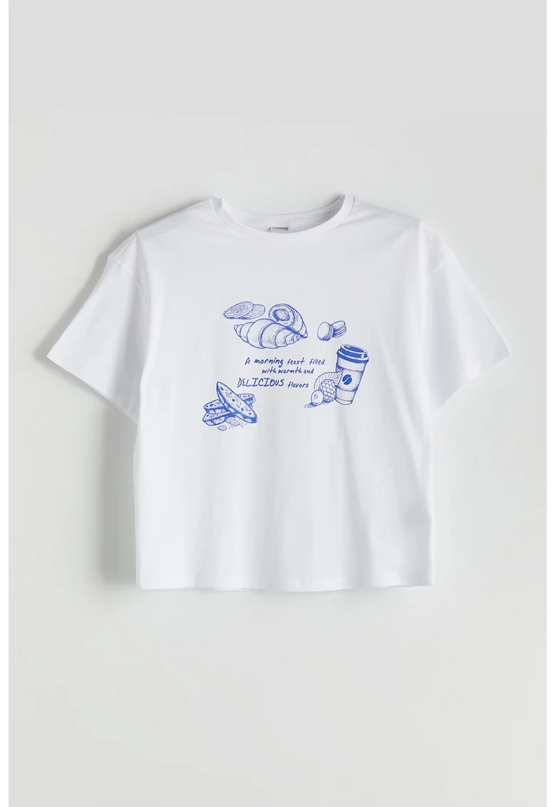 Tricou de bumbac cu imprimeu grafic si text, Alb optic/Albastru