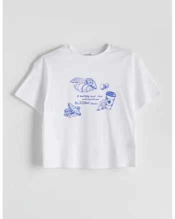Tricou de bumbac cu imprimeu grafic si text, Alb optic/Albastru
