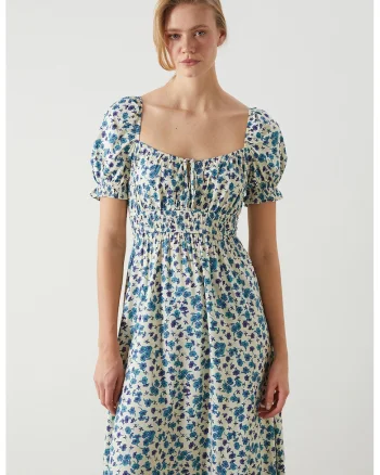 Rochie cu maneci scurte si imprimeu floral, Bej/Albastru