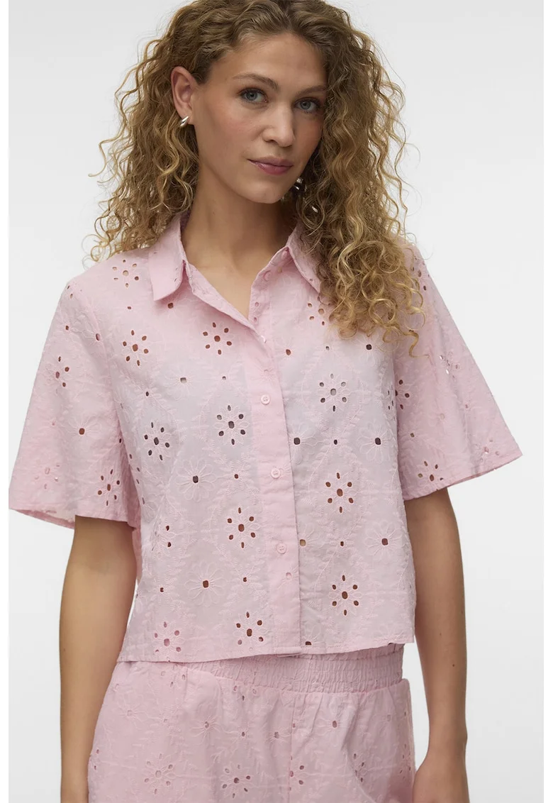 Camasa de bumbac organic cu broderie Sangallo, Roz pastel
