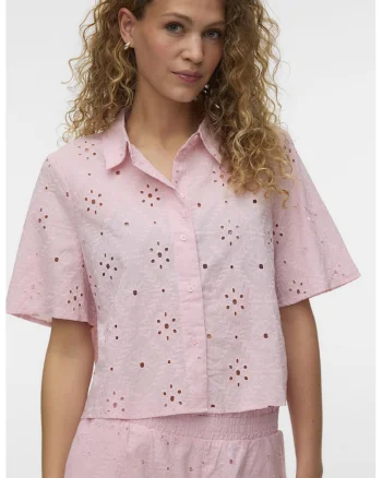 Camasa de bumbac organic cu broderie Sangallo, Roz pastel