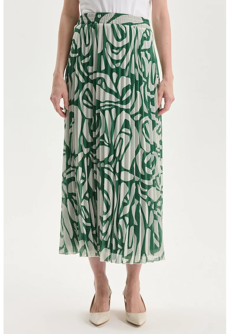 Fusta midi din sifon plisata, Verde/Alb fildes